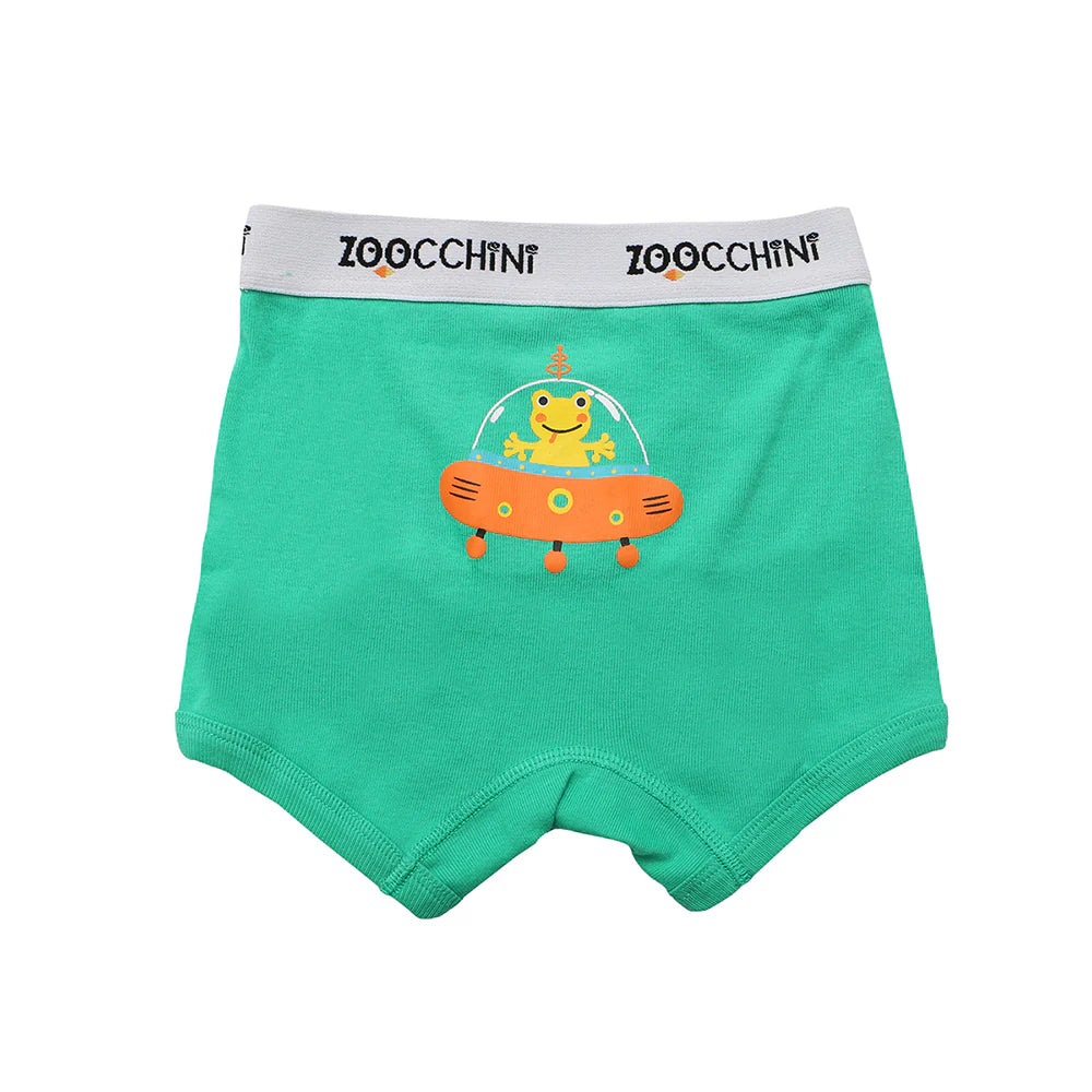 Zoocchini boys organic boxer shorts 3-pack Space Force; green fabric with orange UFO and frog graphic