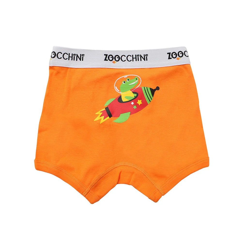 Zoocchini boys organic boxer shorts 3-pack Space Force; orange with green rocket frog graphic and gray waistband
