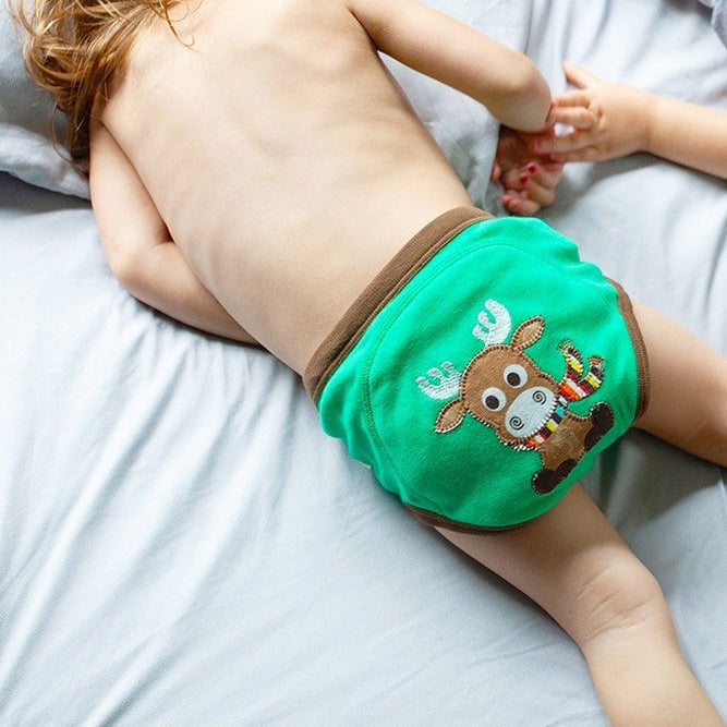 Zoocchini toddler organic potty training pants 3pk Forest Chums, green with brown trim and moose graphic