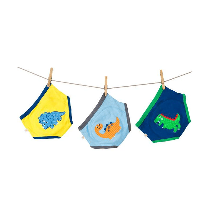 Zoocchini toddler potty training pants 3-pack Jurassic Pals with yellow, blue and green dinosaur prints