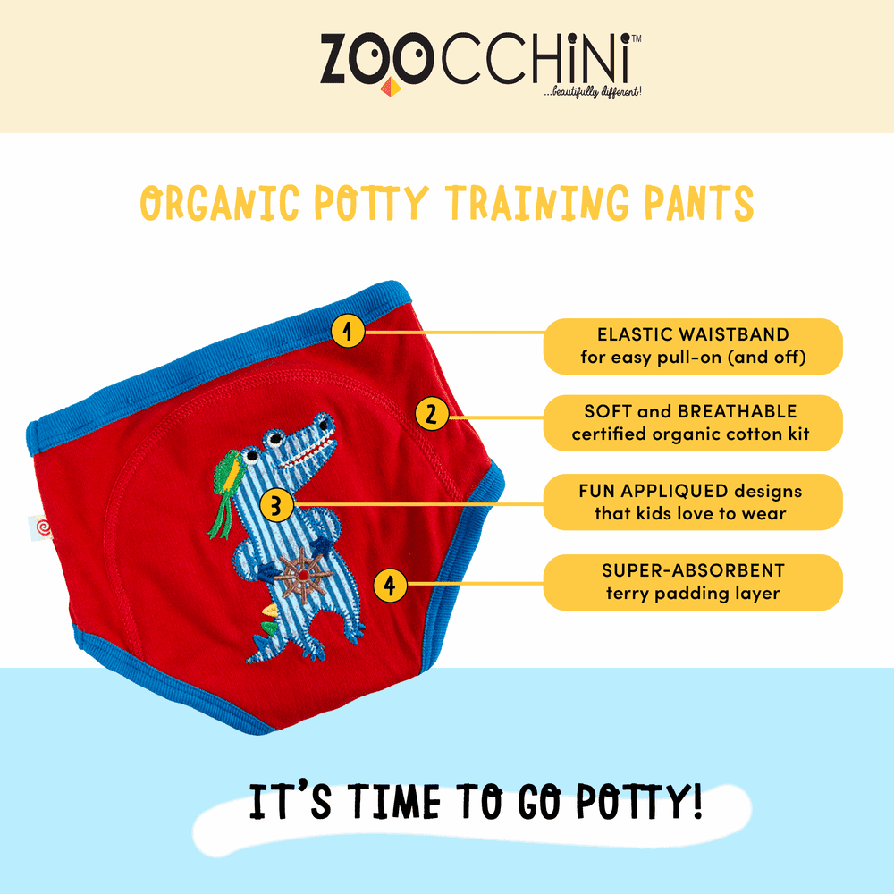 Zoocchini toddler organic potty training pants 3-pack; red with blue trim and applique dinosaur.