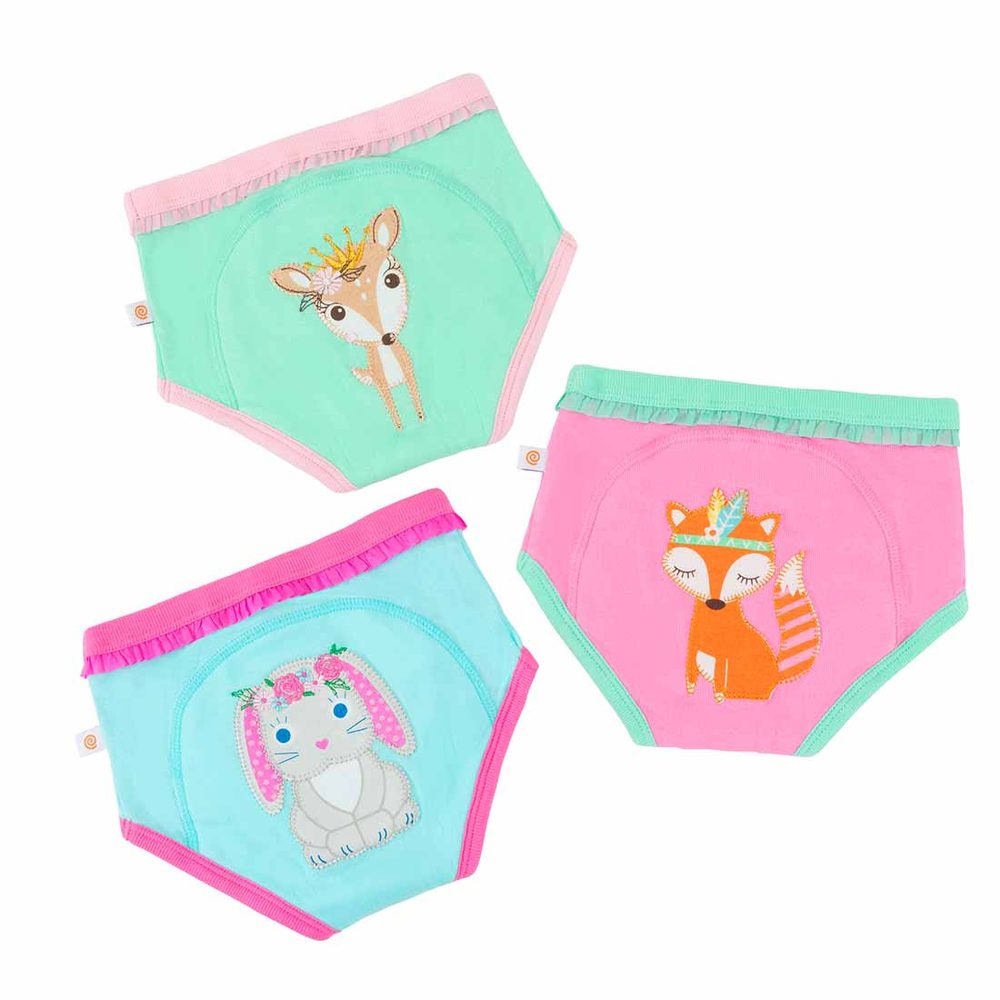 Zoocchini toddler potty training pants 3-pack Woodland Princesses in mint, pink, blue with animal prints