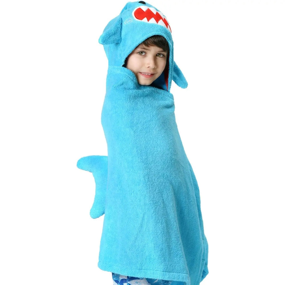 Zoocchini Toddler Towel in blue shark hood, child snugly wrapped in plush bath towel.
