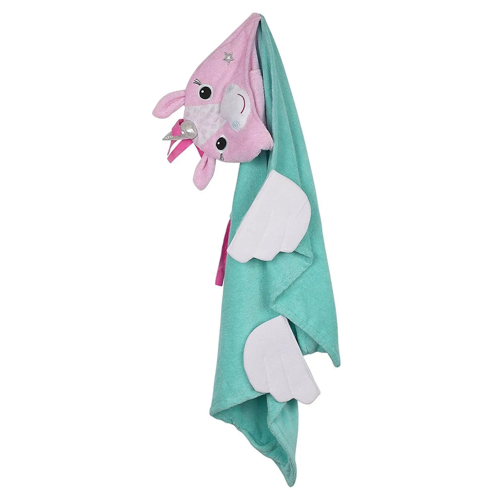 Zoocchini Toddler Towel: teal body with pink unicorn hood and white wings, plush hooded towel.