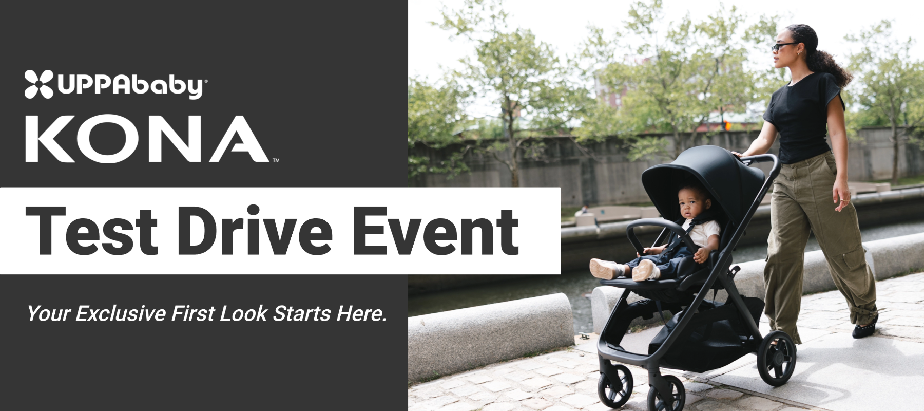 A parent test driving the UPPAbaby Kona stroller with a child seated inside