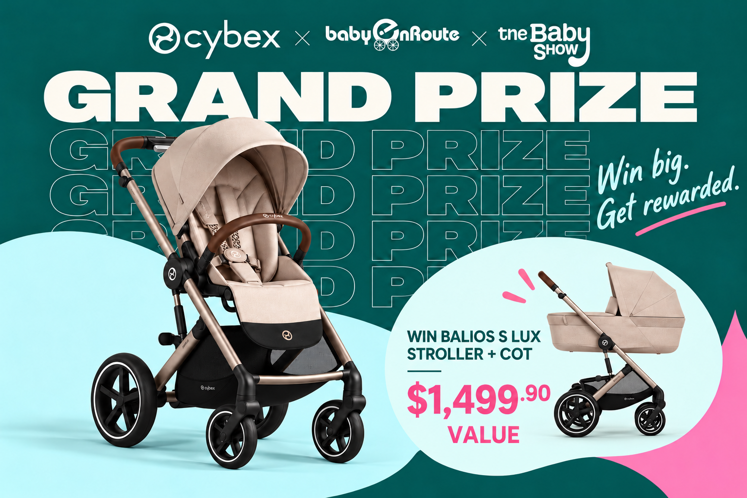 Grand-prize poster featuring the CYBEX Balios S Lux stroller and cot in beige